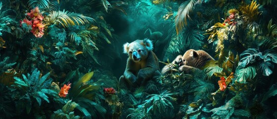 Fototapeta premium Majestic panda resting by a tranquil stream in a vibrant jungle environment