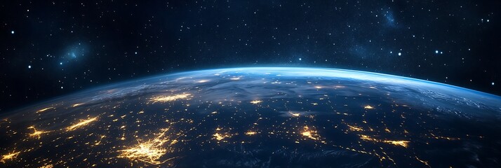 Obraz premium A stunning panoramic view of Earth from space, showcasing glowing lights on the surface and a starry sky in the background, highlighting the planet's beauty and vastness.