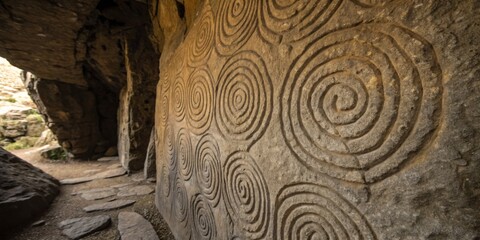 Obraz premium Ancient rock carvings depicting spiral patterns in a historic cave site during daylight hours