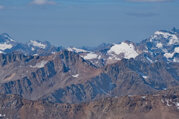 Russia. Kabardino-Balkaria. A dizzying view of the mountain peaks of the Caucasus around Mount Elbrus (5,642 m) - the highest mountain in Russia and Europe.