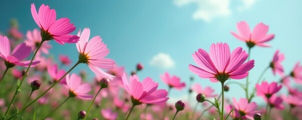 Cosmos flowers swaying gently in a summer breeze , purple, wallpaper, sunshine