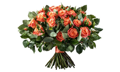 A vibrant bouquet of coral roses surrounded by lush green leaves, beautifully arranged for a stunning display. isolated on white background and transparent background