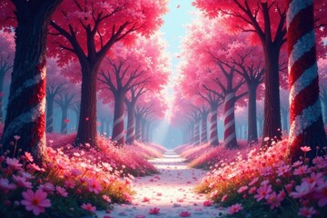 Candy cane forest with striped trees and flowers, flowers, sugary, trees