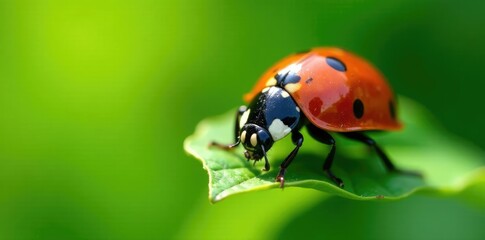 Obraz premium Giant ladybird resting on top of a small green leaf with sunlight, leaf, green