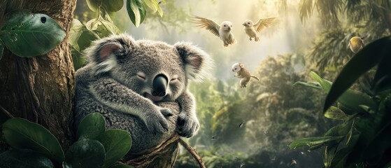 Obraz premium Koala resting peacefully on a tree branch in a lush forest during a sunny afternoon