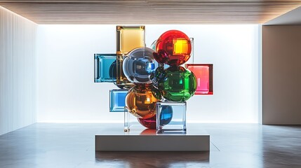 A vibrant 3D sculpture of interlocking metallic orbs and translucent cubes, floating in a minimalistic space