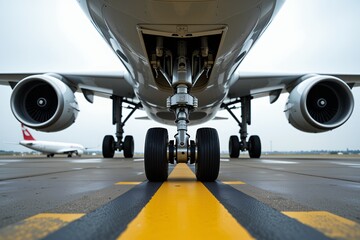 Airplane Landing Gear Close Up Jet Aircraft Wheels on Runway Taxiway