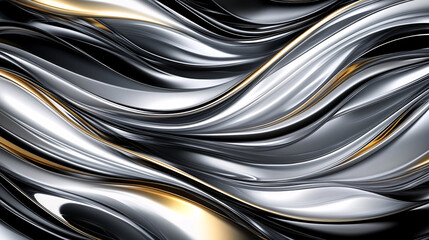 Sleek abstract 3D render featuring flowing metallic waves in silver, black, and gold tones, creating modern and dynamic background design