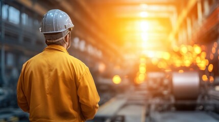 Obraz premium Factory Worker in Manufacturing Industry: Safety Helmet, Orange Jacket & Steel Operation on the Production Floor