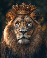 Fototapeta premium Lion with golden crown looking forward, symbolizing power and leadership. Suitable for themes of strength, royalty, wildlife, and metaphorical concepts of authority.