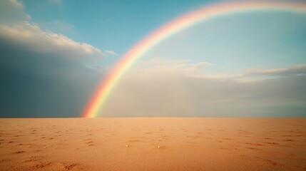 Vivid rainbow arcs over vast sandy landscape, contrasting colors