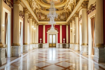 Obraz premium Grand Hall with Marble Floor, Gold Accents, and Crystal Chandelier