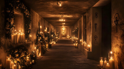 Fototapeta premium Whispers of Time: A mystical corridor aglow with the soft light of countless candles, hinting at secrets held within weathered walls.