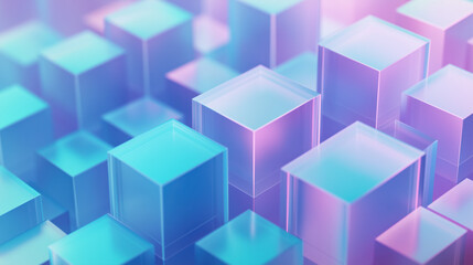 Fototapeta premium Array of translucent cubes, different heights, glass, refraction, reflection, soft blue and pink gradient lighting, dreamy atmosphere