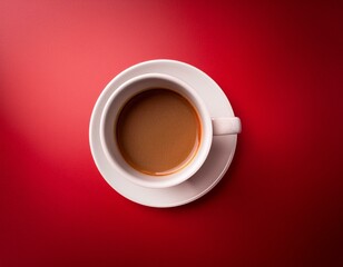 coffee cup on a red background top view flat lay with copy space