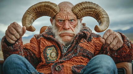 Angry ram-headed man in car, desert background, fantasy film still