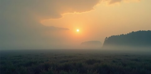 Fototapeta premium Misty dawn breaks over a dull greyish-brown sky, soft, gentle, grey