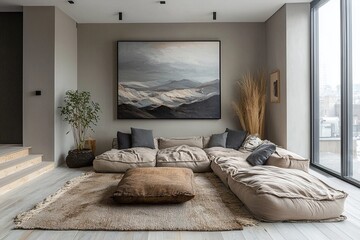 A modern Scandinavian interior design of a living room with walls and sofas hanging with art frames. Generative AI
