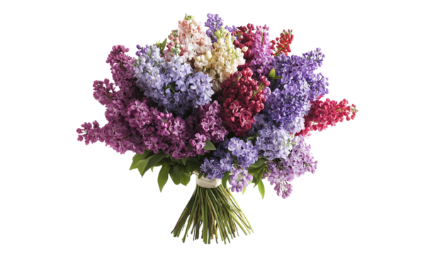 A vibrant bouquet of multi-colored lilacs , showcasing their delicate petals and lush green leaves. isolated on white background and transparent background