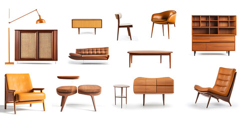 Set of trendy sofas, armchairs, with cushions in retro mid-century style. Modern soft furniture collection