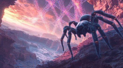 A giant spider menacingly looms over a rocky landscape at sunset