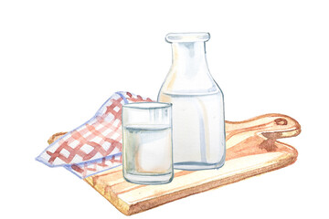 Milk in a jar isolated on a white background. Watercolor milk illustration.