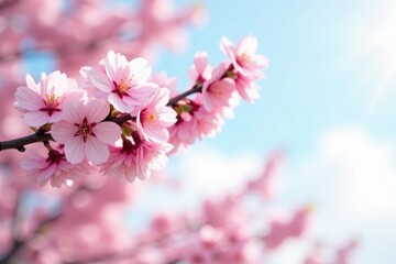 Fototapeta premium Delicate pink cherry blossoms in full bloom against a soft spring sky , nature background, birth flower, springtime