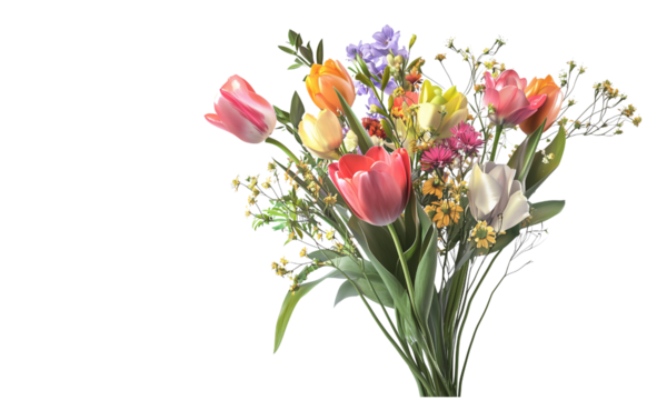 A vibrant bouquet of mixed flowers showcasing various colors and types , exuding freshness and beauty. isolated on white background and transparent background