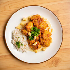 Delicious Chicken with Cashew Nuts and Rice on a White Plate

