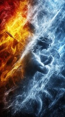 Obraz premium Epic Fantasy Battle of Fire and Ice: Mythical Warrior Duality in Striking Concept Art Illustration. Vertical Phone Wallpaper 9:16