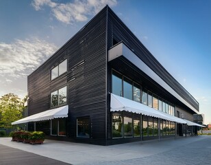 Fototapeta premium modern black commercial building with large windows and white awnings ideal for retail restaurant or office space