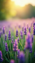 Obraz premium Dreamy blurred lavender field, swaying grass, hazy sunlight, background, nature, aesthetic