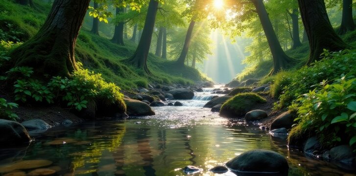 Misty forest stream flowing gently in the morning, tranquil, calm - Powered by Adobe