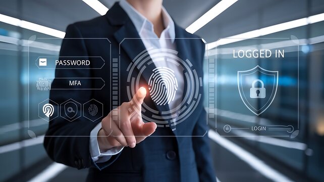 businessman pressing virtual button MFA, multi factor authentication. cloud computing concept, cloud technology, Saas, Paas, Iaas. AWS Services	
