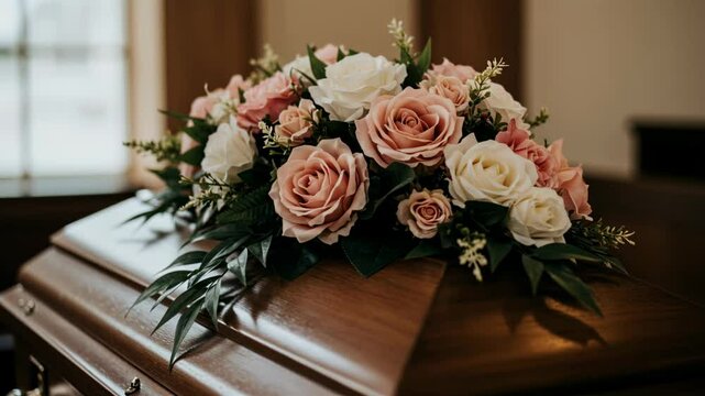 closed wooden coffin at a funeral service. Artificial flowers roses lie on top of the coffin. 4k resolusion closeup video 16:9 aspect ratio.