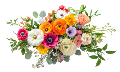 A vibrant bouquet featuring Anemone and various colorful flowers , showcasing a beautiful arrangement of blooms and greenery. isolated on white background and transparent background