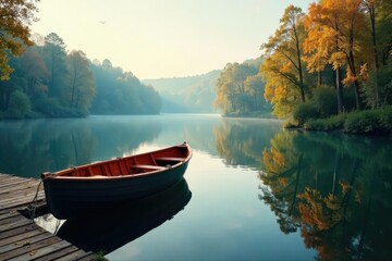 Obraz premium Rowboat on dock, reflection of trees in the water, peaceful, serene, rowboat