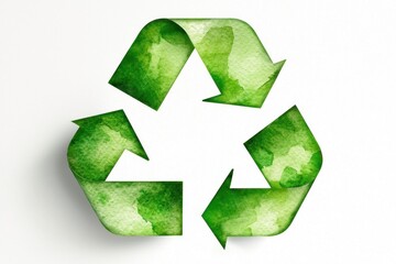 Eco-Friendly Sustainability Zero Waste & Conservation. Green watercolor recycling symbol on a white background representing sustainability and eco-friendliness.