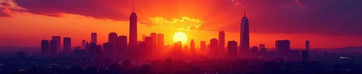 Fototapeta premium Fiery orange and purple sunset over a majestic city; tall building silhouettes stand out sharply , night, pink