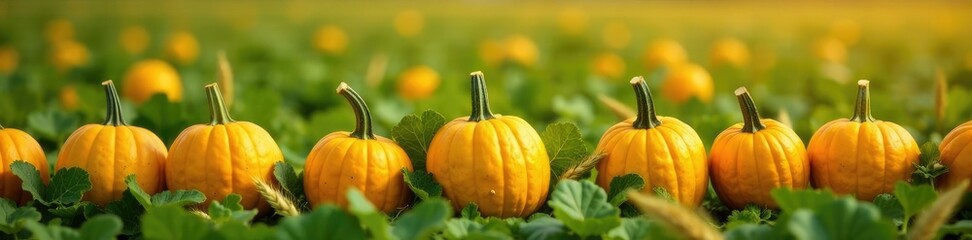 Row of yellow green pumpkins in a field with wheat stalks swaying gently, farm, agriculture, field