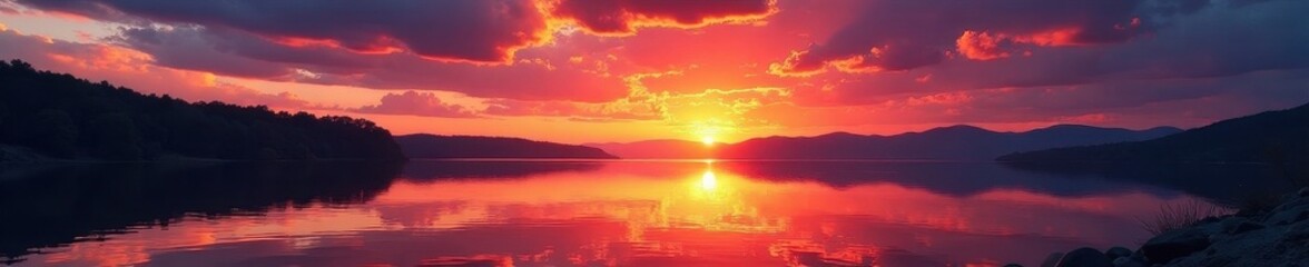 Obraz premium Fiery sunset paints sky, reflecting on calm District Lake water, tranquil, sunset