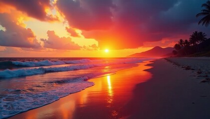 Fiery sunset casting long shadows across the beach, creating a stunning vista , water, glow, warm
