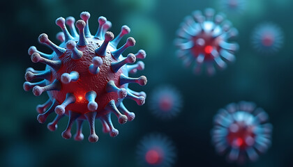 Malaria virus under a microscope with glowing blue and red particles in a scientific research theme