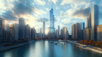 Obraz premium Chicago Skyline with Trump Tower in Ultra-Detailed 4K