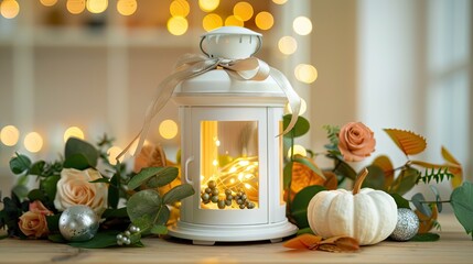 A white lantern with lights inside