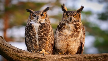 Obraz premium two great horned owls on a branch