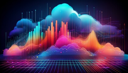 colorful graph and cloud illustration depicting data analysis information flow and technology connections in a digital network