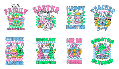 Retro Easter 90s graphic t-shir design for print, Easter cartoon design for celebrate festival