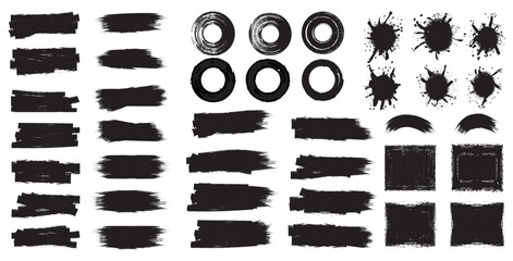 Set of different splash black paint brush strokes, overlay textures, grunge design elements, boxes, painted frames, banner clip art and abstract background for social .
