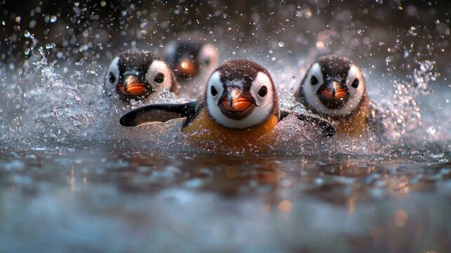 Playful Penguins Splashing in Water
